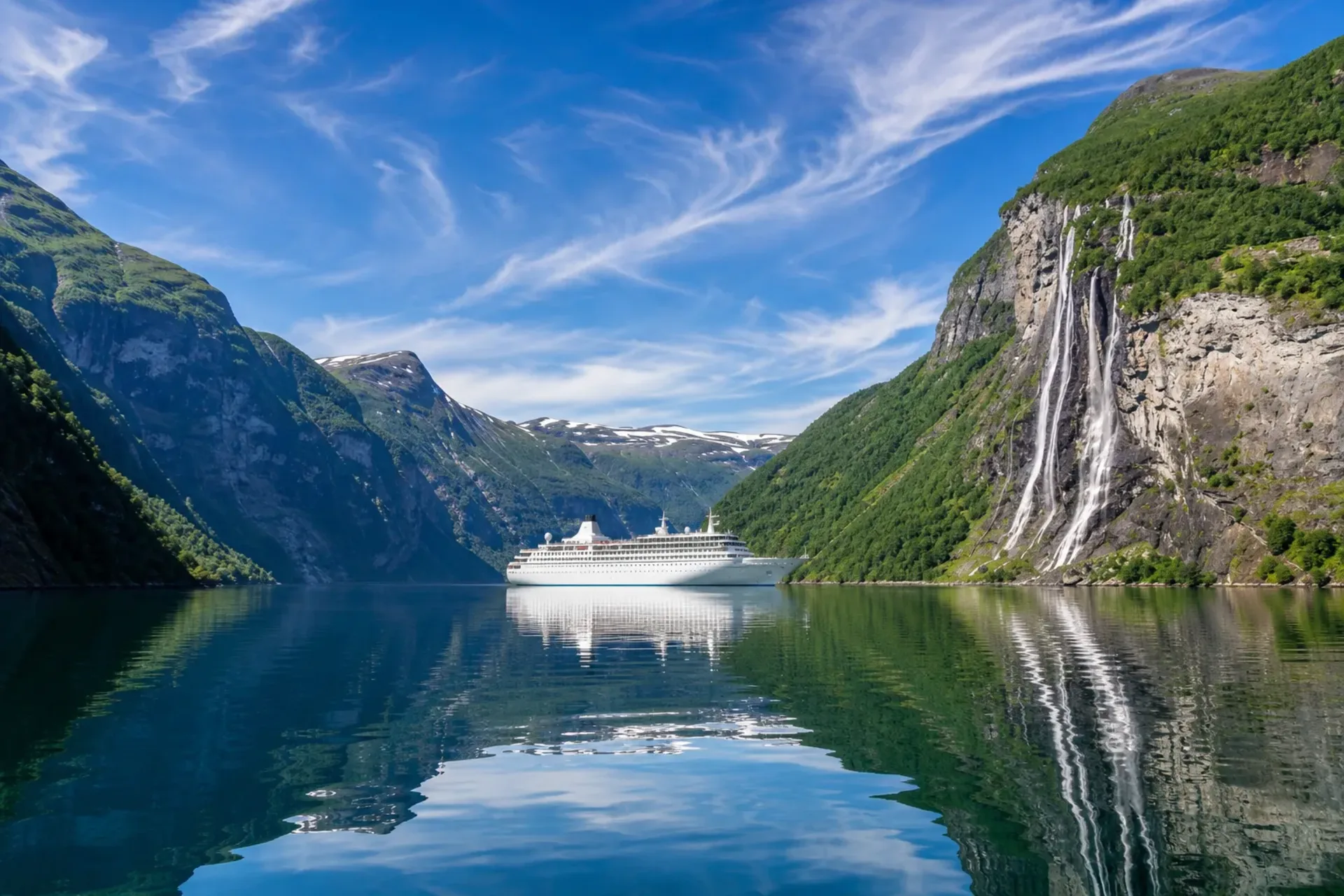 Luxury ocean cruise ship sailing through Norwegian fjords for holidaymakers from Ireland